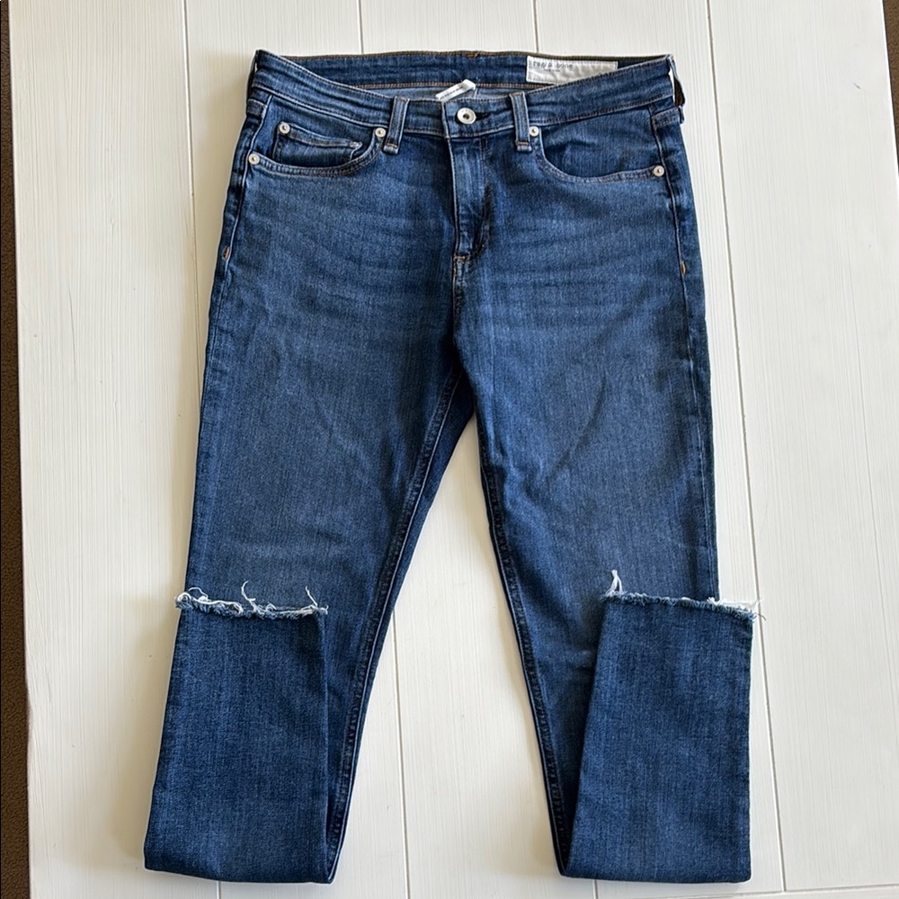 Rag & Bone Zip Blue SkinnyJeans with Mid Rise and Raw Hem